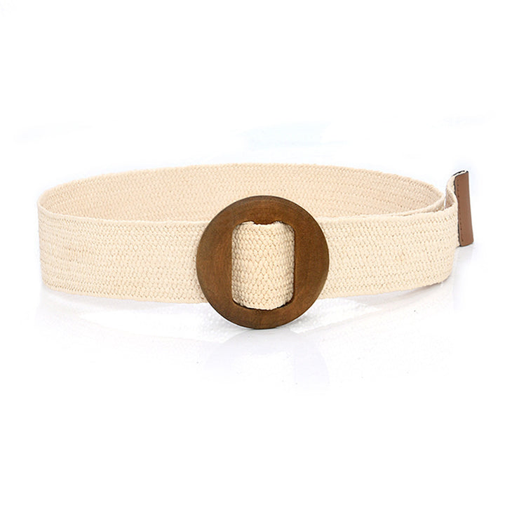 Wooden Round Buckle Belt Fashion Cotton and Linen Weave